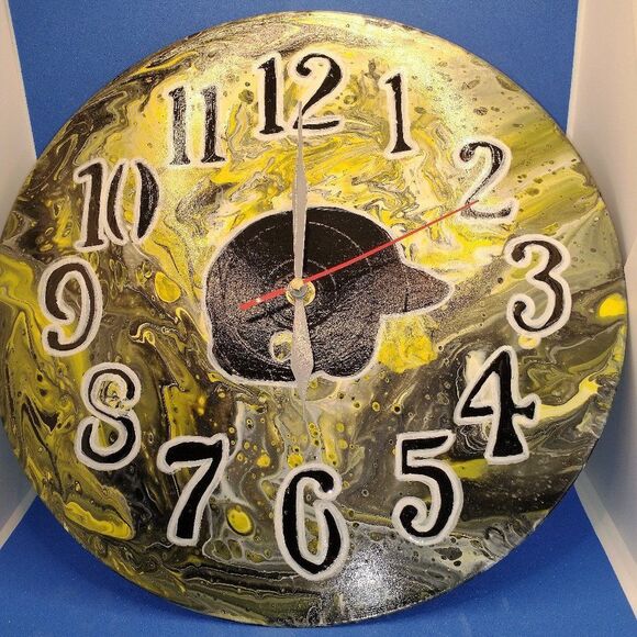 Hand Crafted Baseball Abstract Hanging Wall Clock Analog Vinyl Record Fluid Art - Picture 1 of 13